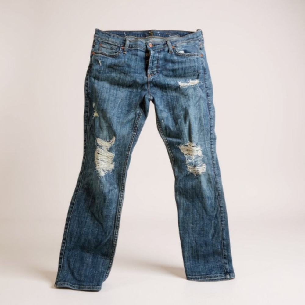 7 For All Mankind Distressed Blue Denim Jeans Women Size 28‎ Button Fly